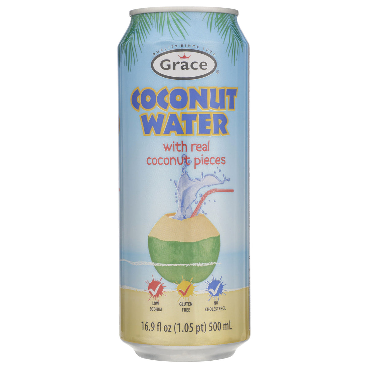 Front view of Grace Coconut Water with Pulp 500 ml showcasing real coconut pieces on a white background