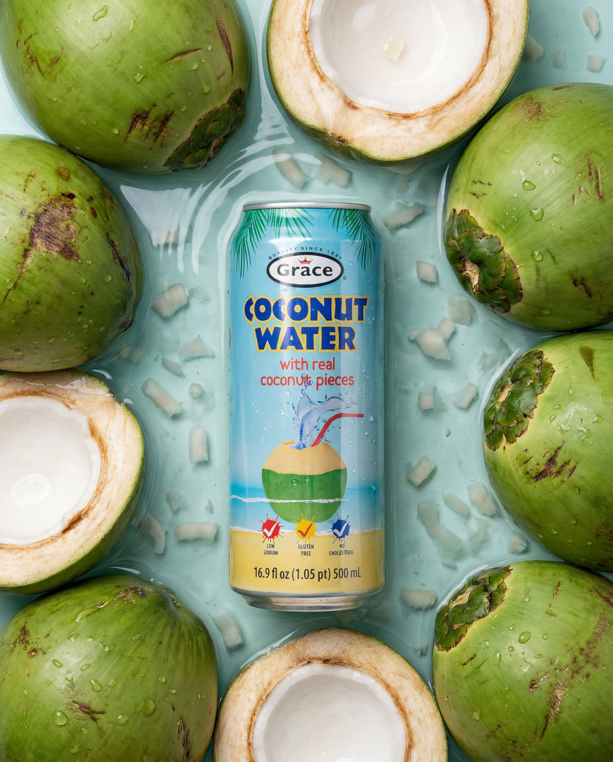 Front view of Grace Coconut Water with Pulp can showcasing real coconut pieces with coconuts in water