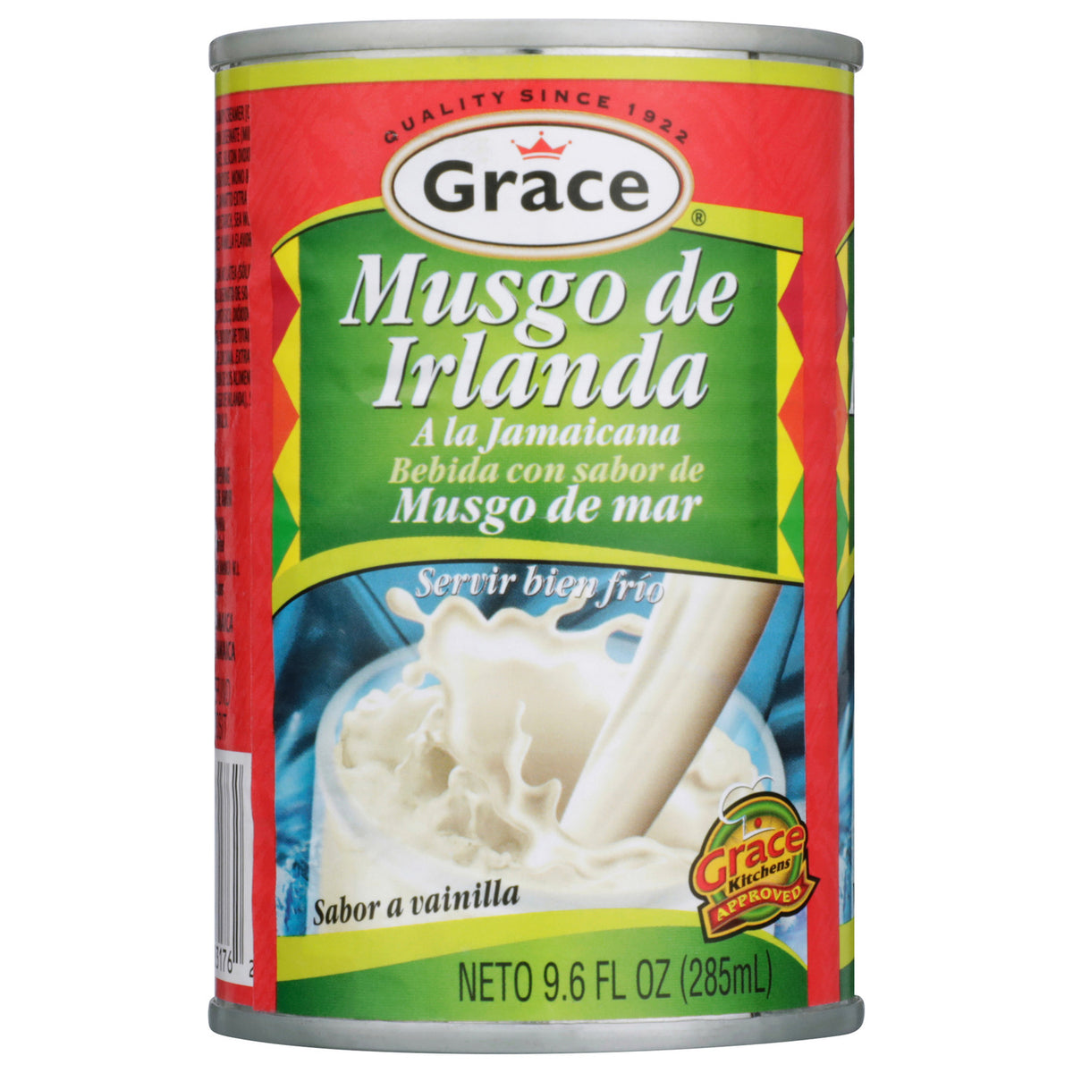 Front view of Grace vanilla Irish sea moss drink can showcasing the Jamaican-style drink and 9.6 fl oz size on white background
