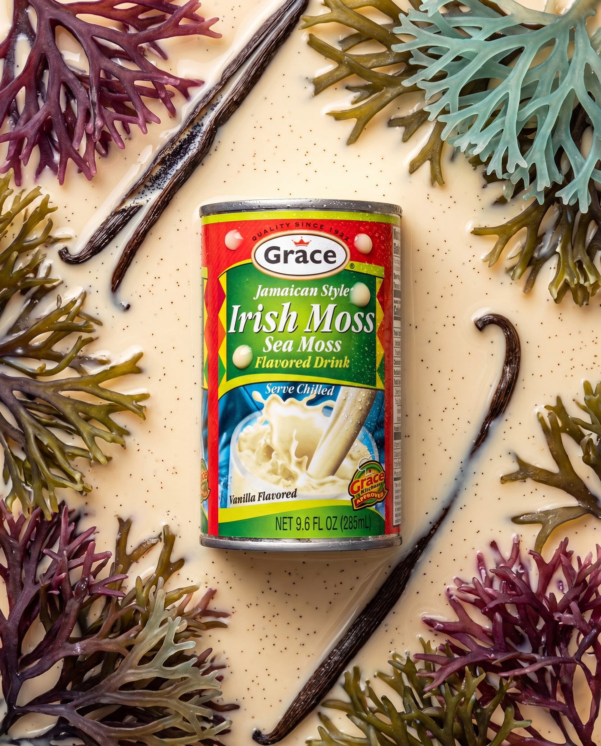 Front view of Grace Vanilla Jamaican Style Irish Sea Moss Drink can labeled Serve Chilled, with sea moss and vanilla pods