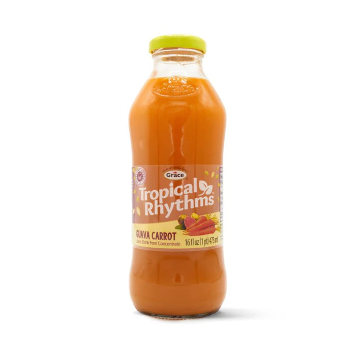 Front view of Grace Tropical Rhythms Guava Carrot Juice bottle with guava carrot label and 16 fl oz on white