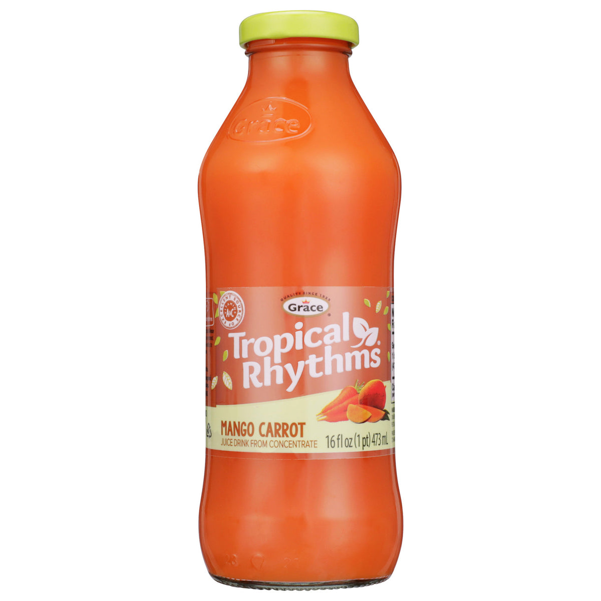 Front view of Grace Tropical Rhythms Mango Carrot juice bottle with 16 fl oz 473 mL label on white background