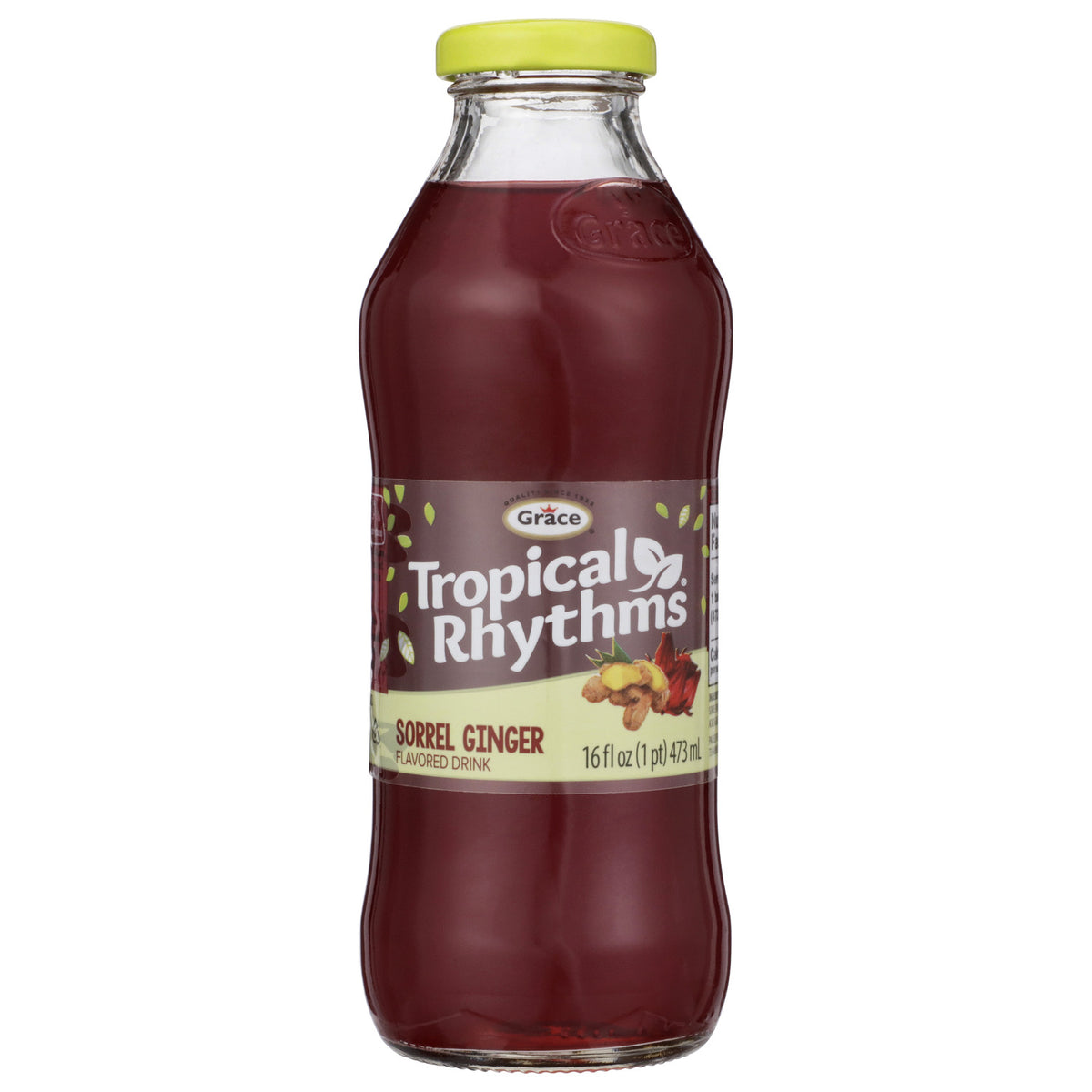 Front view of Grace Tropical Rhythms Sorrel Ginger Drink showcasing a 16 fluid ounce glass bottle with a white background