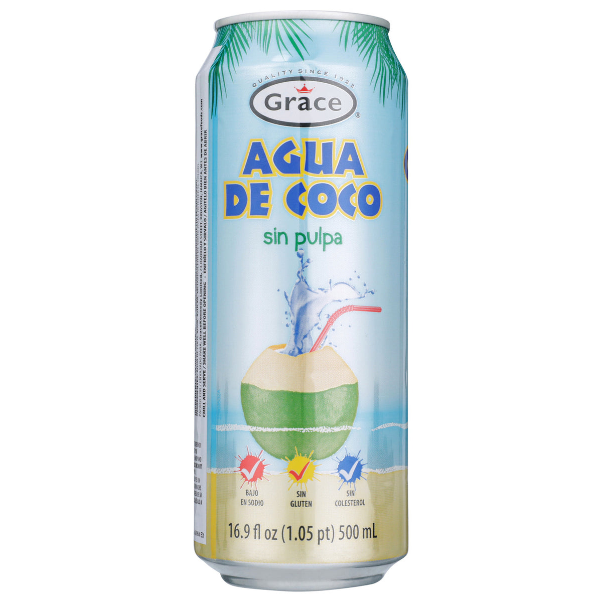 Three-quarter view of Grace Coconut Water No Pulp can labeled Aqua de Coco sin pulpa, 500 mL, on white background