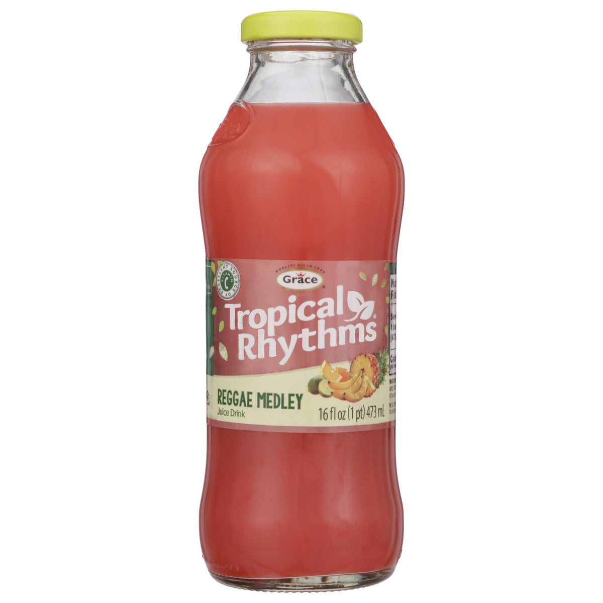 Front view of Grace Tropical Rhythms Reggae Medley juice drink bottle showcasing red beverage, green cap, and 16 fl oz label