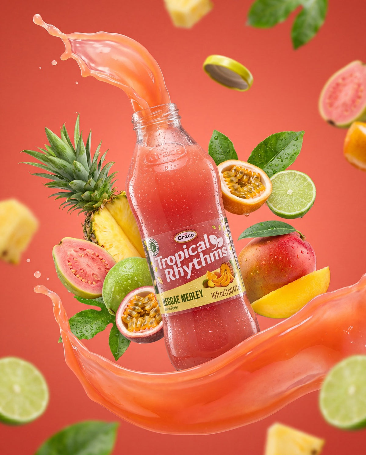 Angled view of Grace Tropical Rhythms Reggae Medley juice bottle with tropical fruit and pink juice splash on coral background