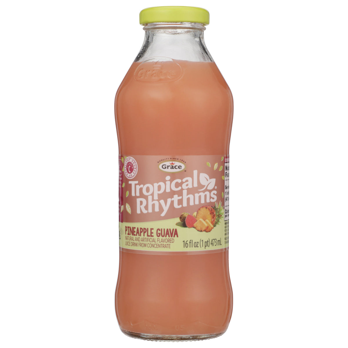 Front view of Grace Tropical Rhythms Pineapple Guava Juice, a 16 fl oz glass bottle with pink juice on white