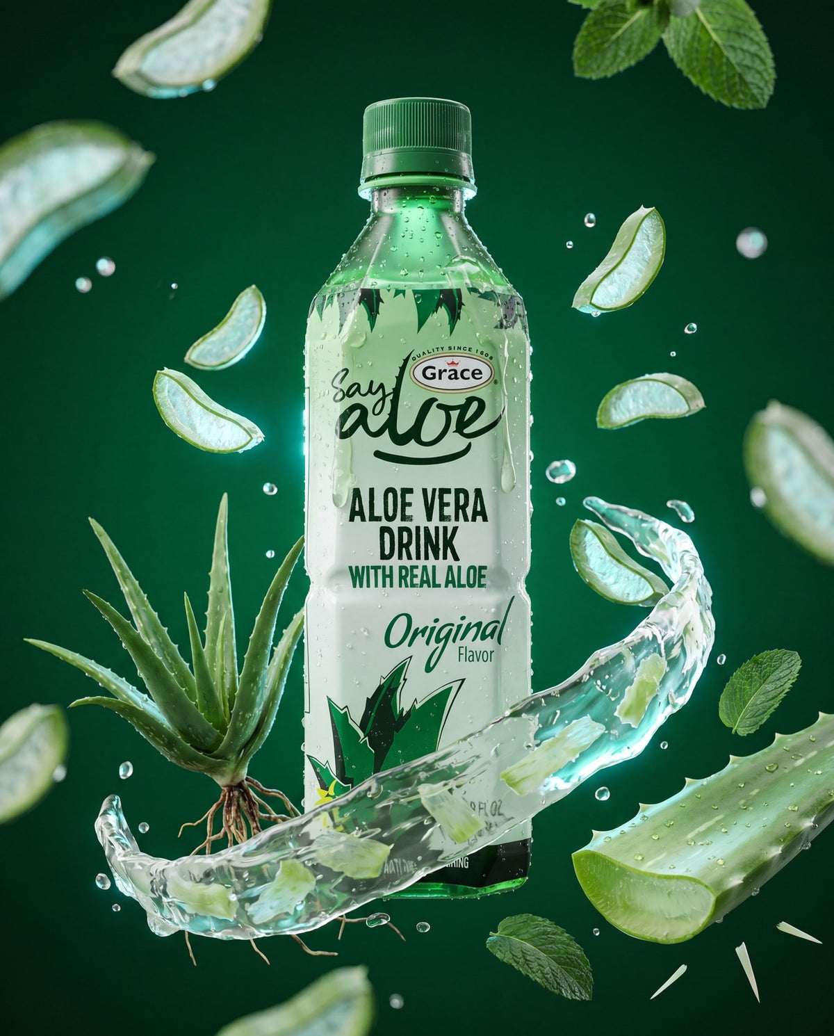 Front view of Grace Aloe Vera Original 500 ml bottle with real aloe drink, aloe leaves, and splash on dark green background