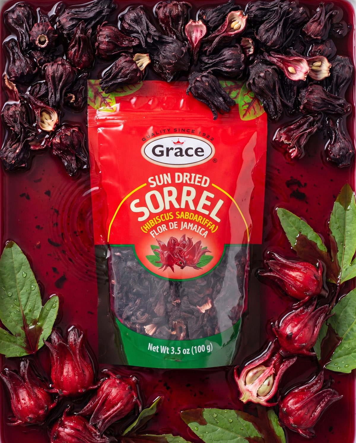Front view of Grace Sun-Dried Sorrel package showcasing 3.5 oz size with dried flowers and leaves in red sorrel drink