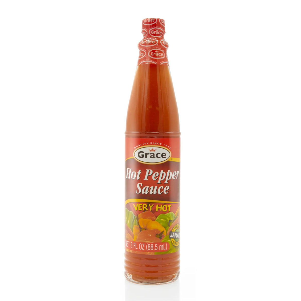 Front view of Grace Hot Pepper Sauce Very Hot bottle showcasing its red sauce and 3 FL OZ label on a white background