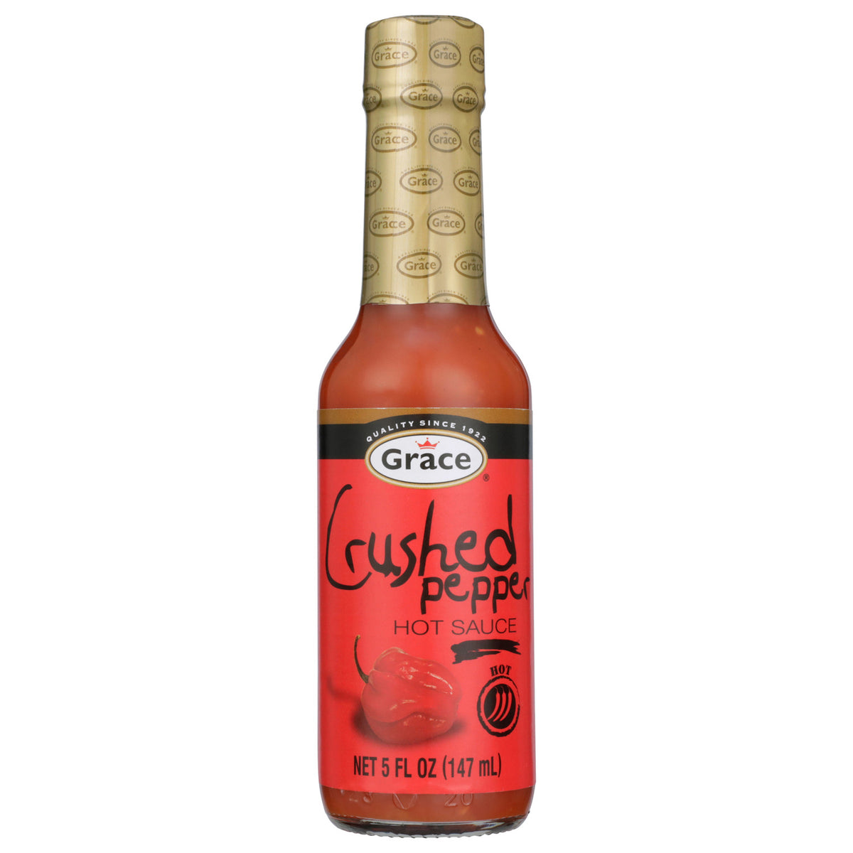 Front view of Grace Crushed Pepper Hot Sauce bottle showcasing red pepper sauce and 5 fluid ounce size against a white background