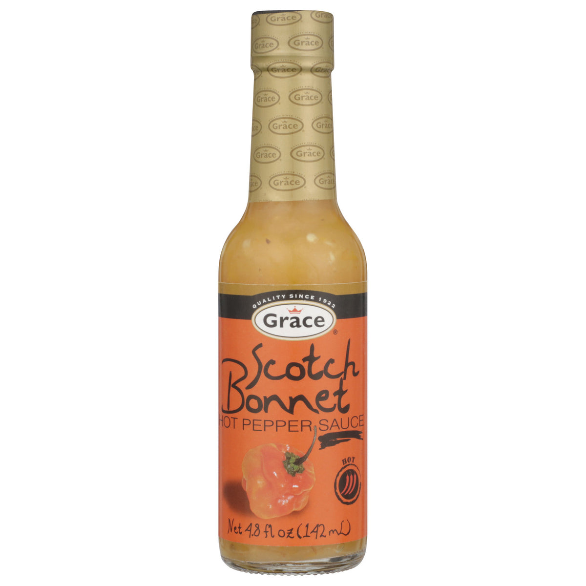 Front view of Grace Scotch Bonnet Hot Pepper Sauce bottle showcasing orange sauce, 4.8 fluid ounces, and orange label on white background