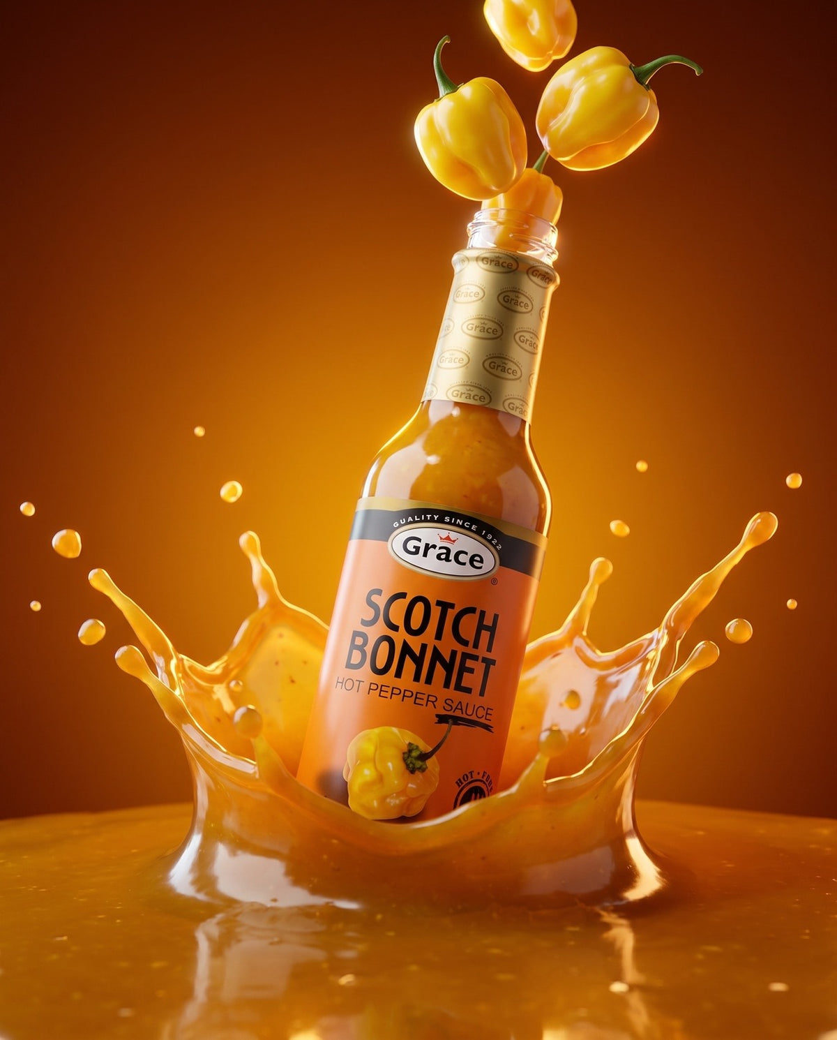 Angled view of Grace Scotch Bonnet Hot Pepper Sauce bottle showcasing yellow peppers with orange sauce splashes