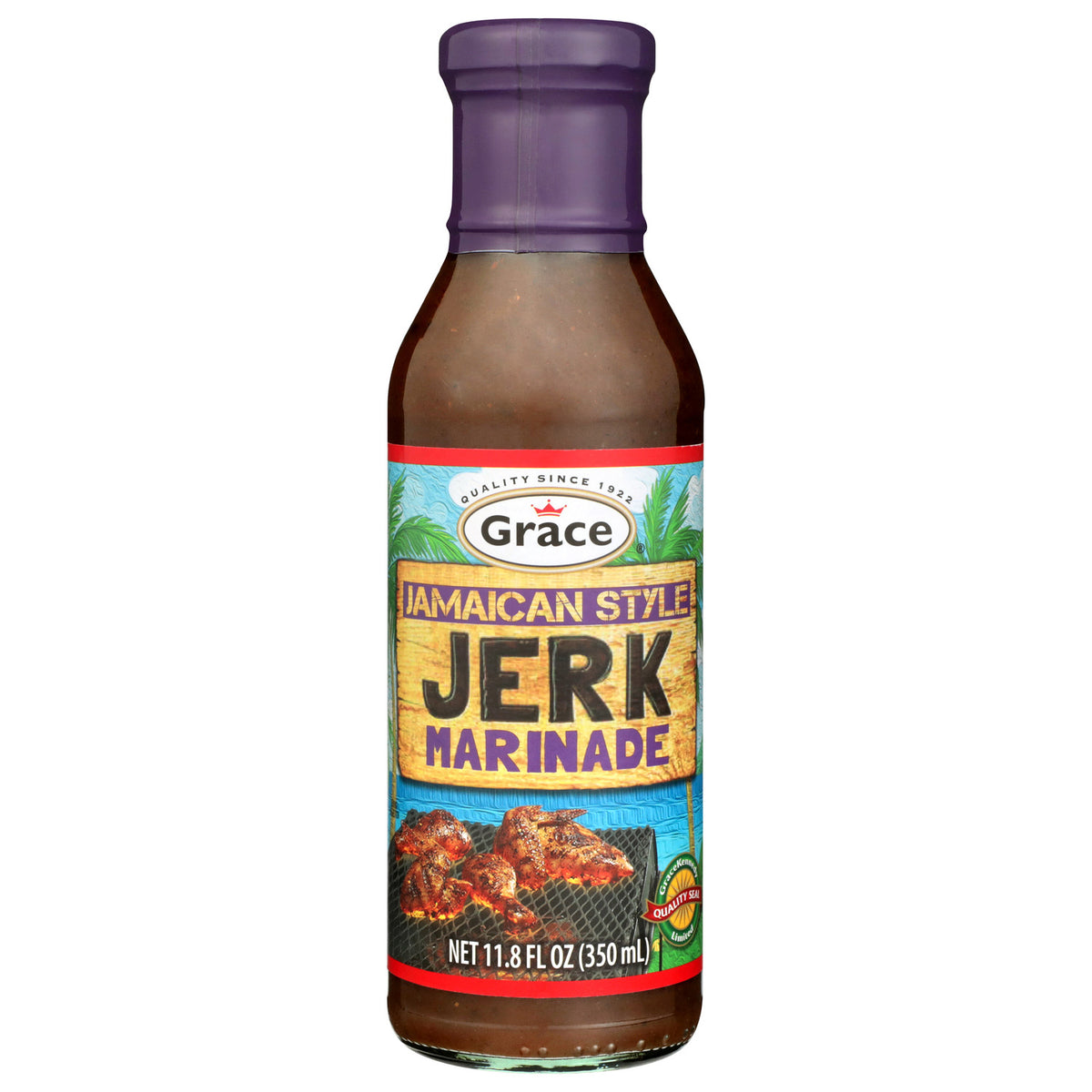 Front view of Grace Jamaican Style Jerk Marinade bottle showcasing its label with a white background