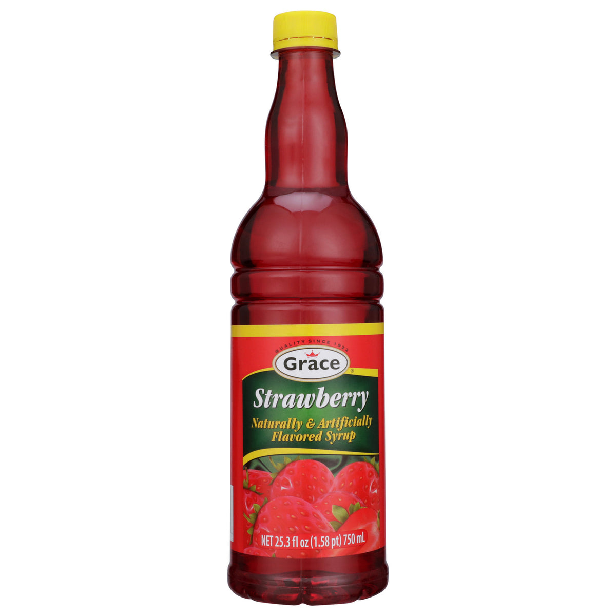 Front view of Grace Strawberry Syrup bottle showcasing strawberry label and yellow cap against a white background