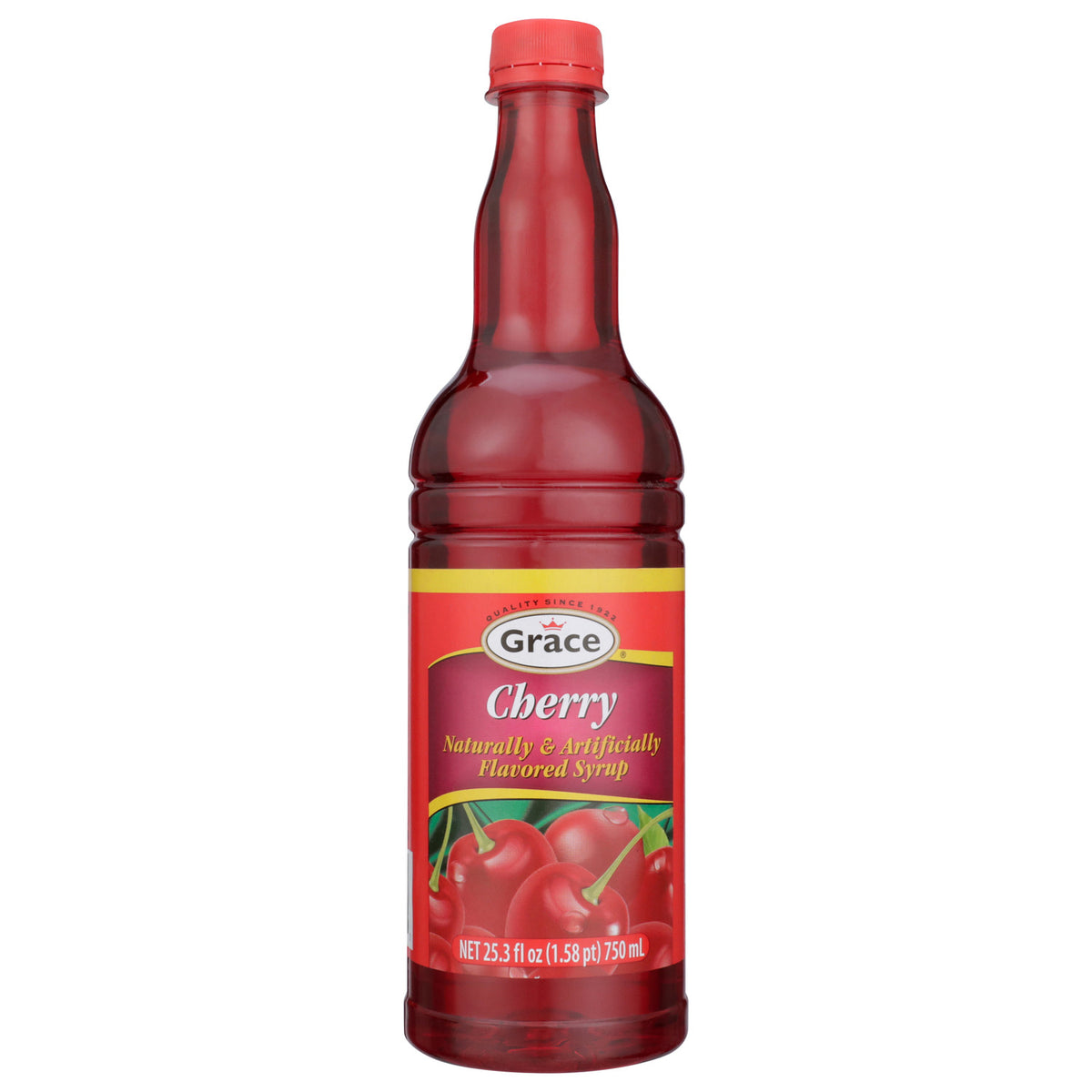 Front view of Grace Cherry Syrup bottle with cherry imagery and red syrup against a white background