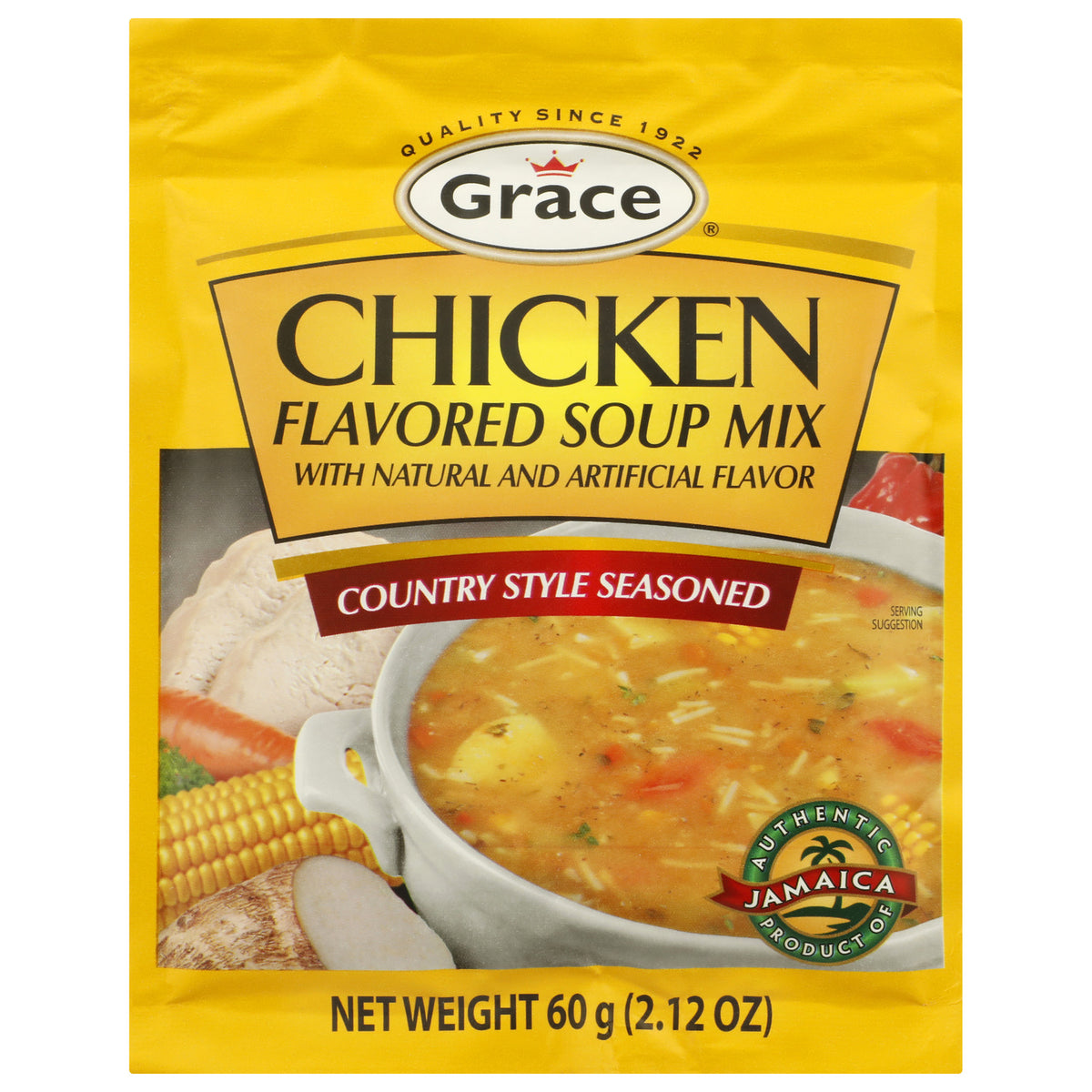 Front view of Grace Chicken Soup Mix showcasing country style seasoning in a yellow 60 g packet