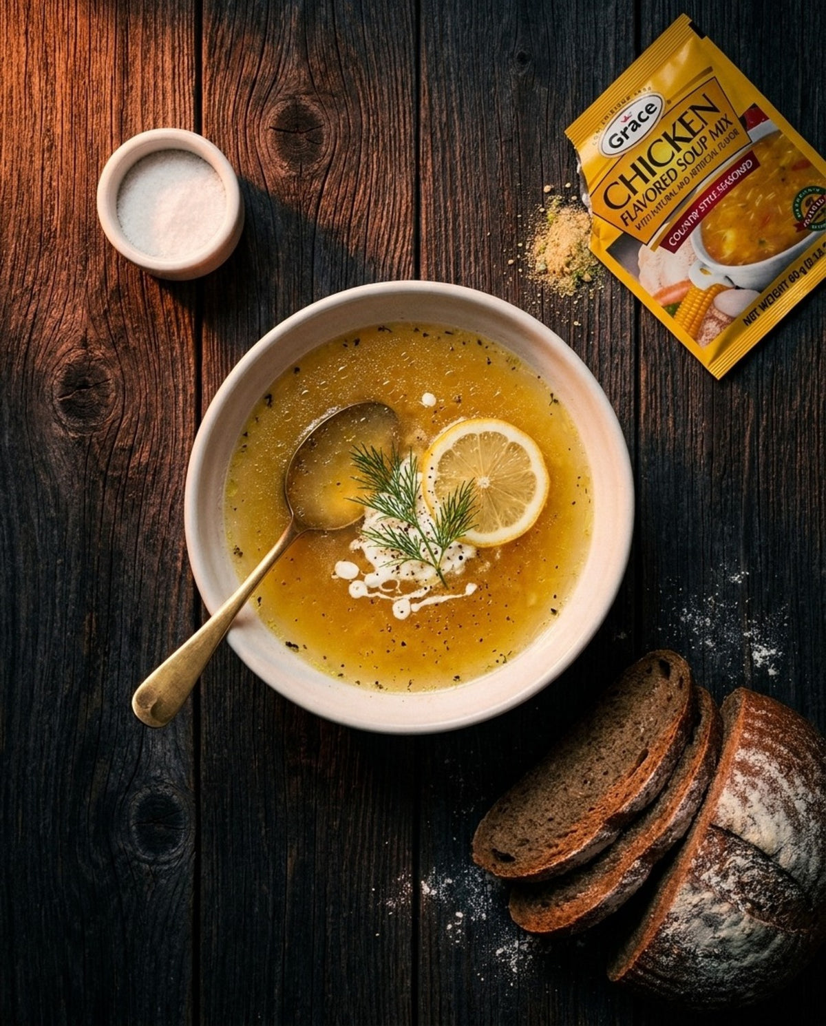 Angled view of Grace Chicken Soup Mix packet showcasing prepared soup with bread on a dark wooden table