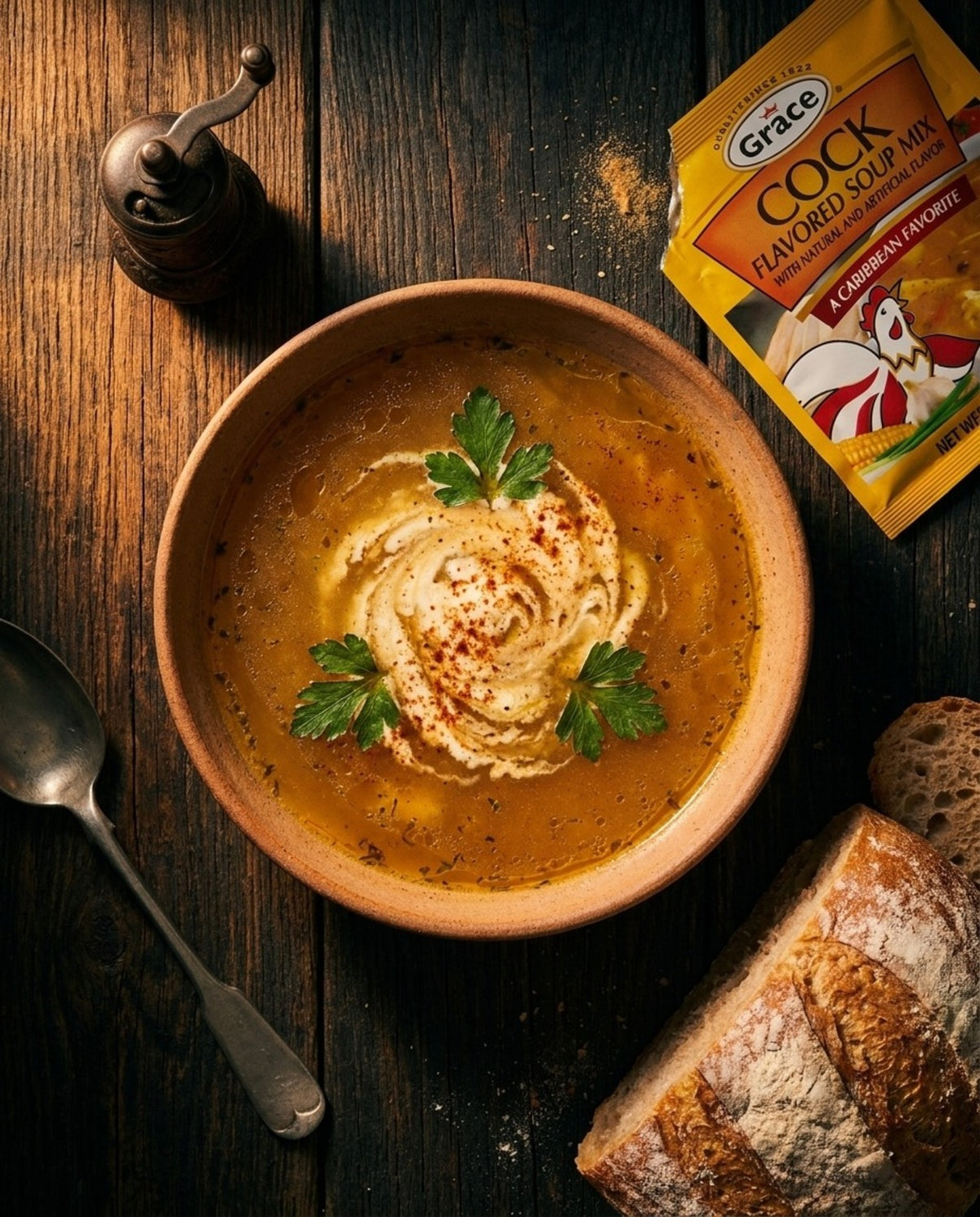 Overhead view of Grace Cock Soup Mix pouch beside garnished soup, bread, and spoon on a wooden table