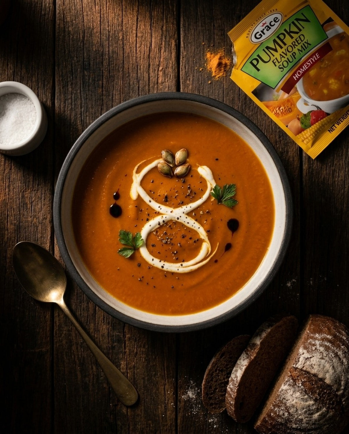 Overhead view of Grace Pumpkin Soup Mix packet beside prepared pumpkin soup on a wooden table