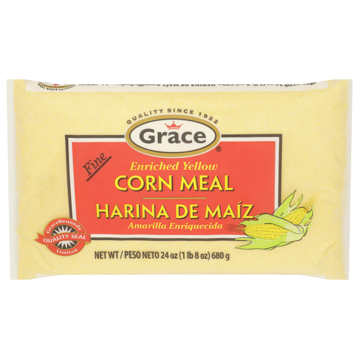 Front view of Grace Fine Enriched Yellow Cornmeal showcasing a 24 ounce, 680 gram package on a white background
