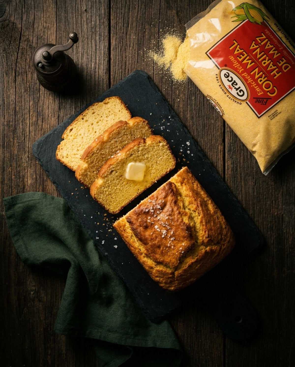 Angled view of Grace Fine Enriched Yellow Cornmeal showcasing the package and baked cornmeal loaves on a wooden table