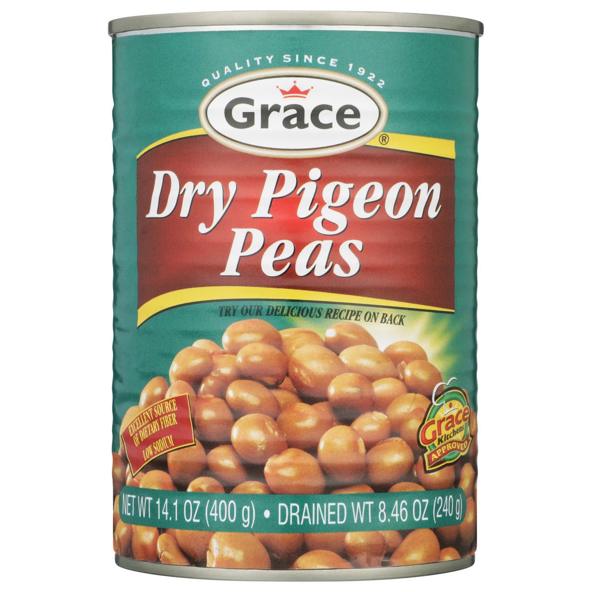 Front view of Grace Dry Pigeon Peas can showcasing 400 gram size and pigeon peas against a white background