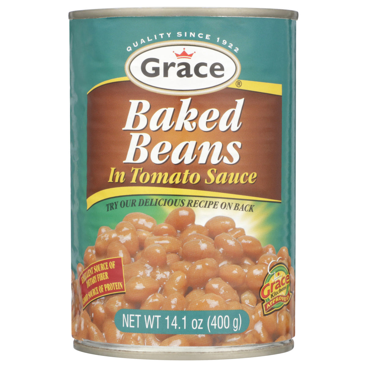 Front view of Grace Baked Beans in Tomato Sauce can showcasing beans in tomato sauce and 400 g net weight against a white background