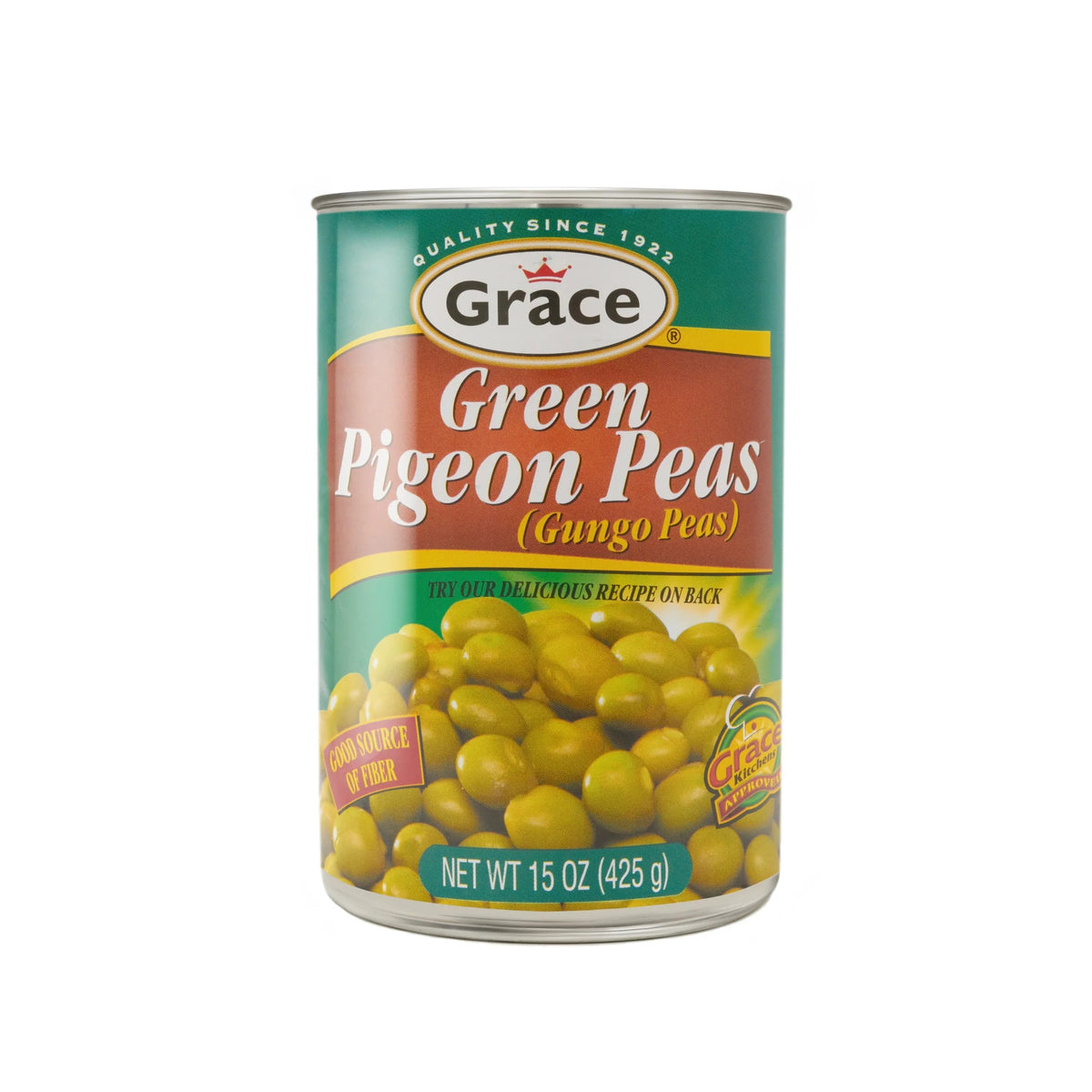 Front view of Grace Green Pigeon Peas can showcasing green pigeon peas and 15 oz size on a white background
