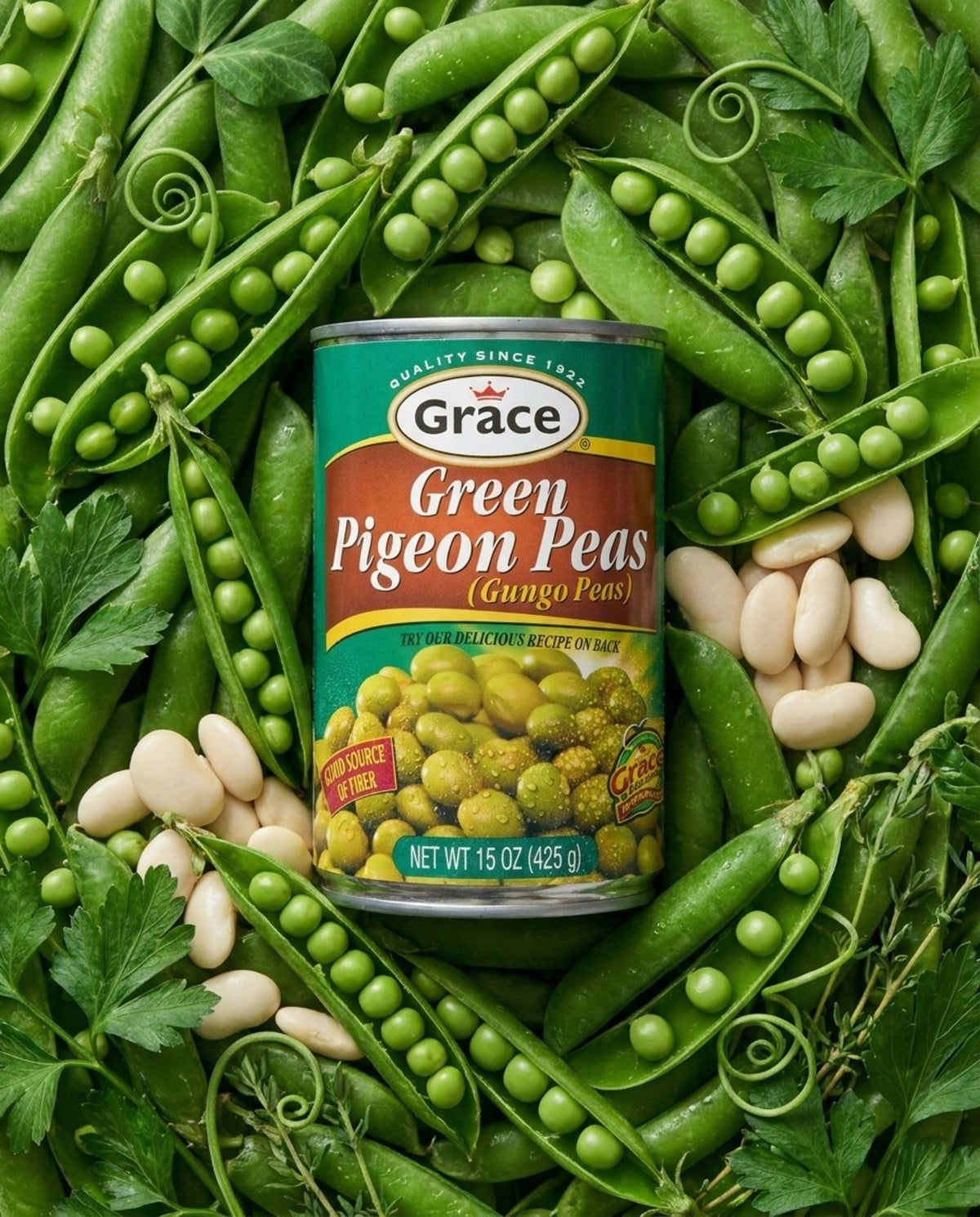 Front view of Grace Green Pigeon Peas can showcasing green pigeon peas with pea pods and parsley in background