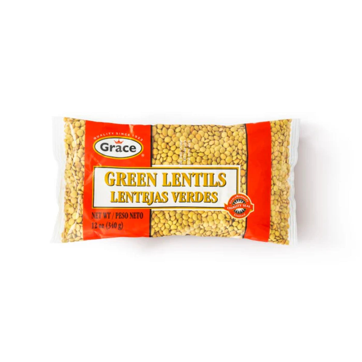 Front view of Grace Green Lentils 12 oz bag showcasing green lentils on a white background