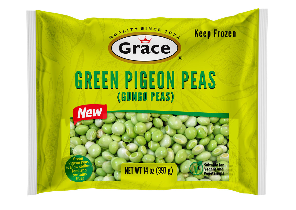 Front view of Grace Green Pigeon Peas bag showcasing green pigeon peas and 14 oz size on white background