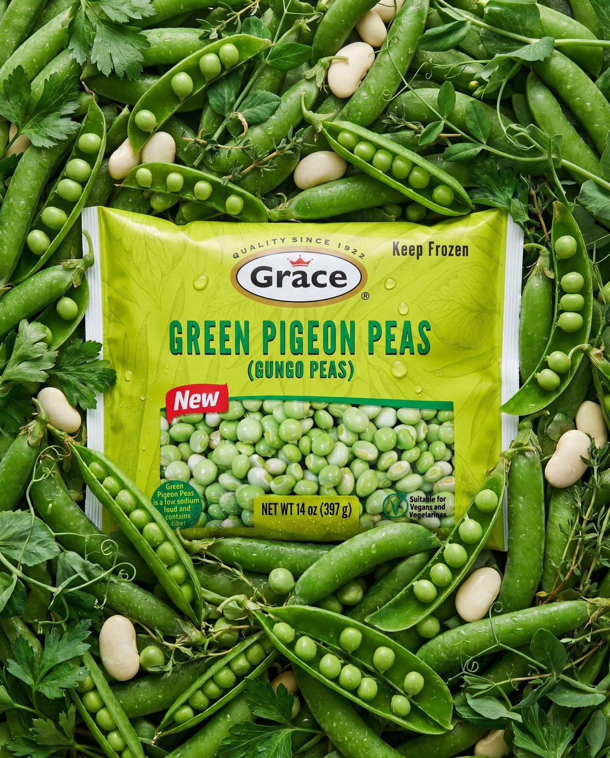 Front view of Grace Green Pigeon Peas bag showcasing 14 oz size with a green pea background