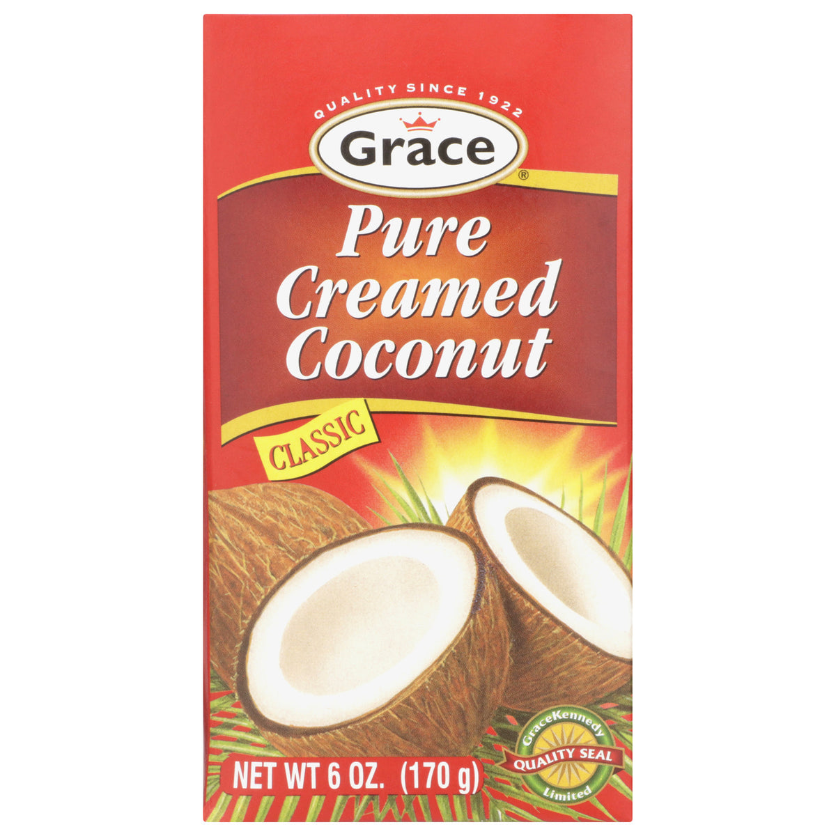 Front view of Grace Classic Pure Creamed Coconut showcasing coconut halves and 170 g size on red packaging