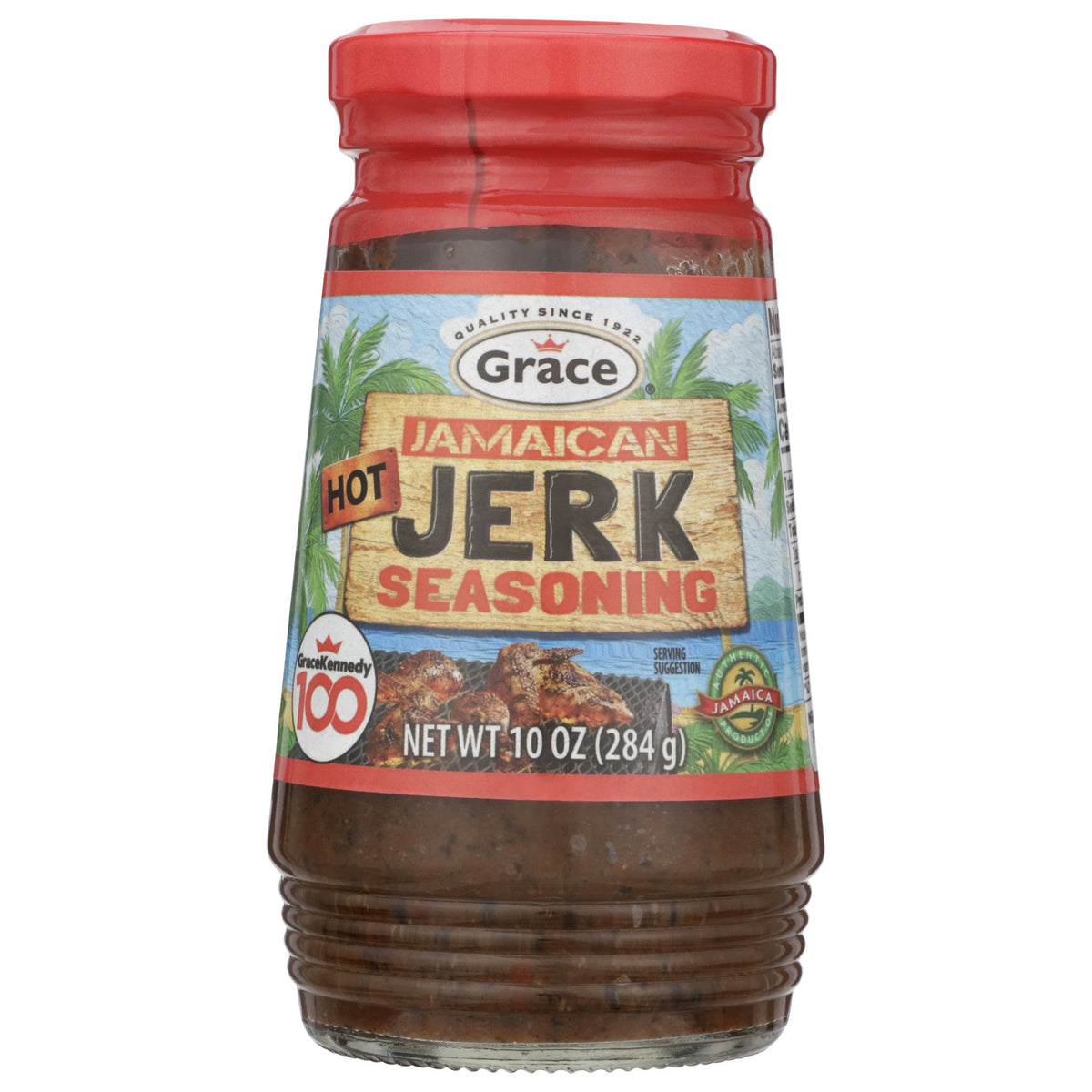Front view of Grace Jamaican Hot Jerk Seasoning showcasing its red cap and labeled jar on a white background