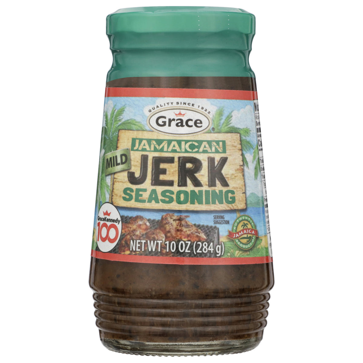 Front view of Grace Jamaican Mild Jerk Seasoning showcasing the labeled 10 ounce jar with green lid on white background