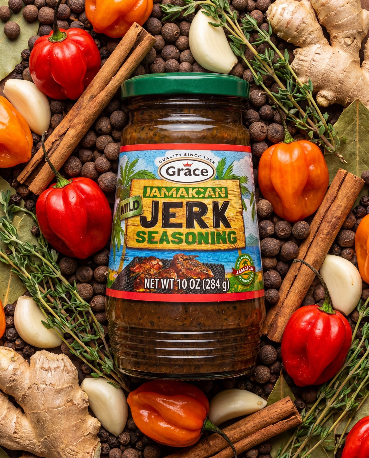 Front view of Grace Jamaican Mild Jerk Seasoning jar showing mild seasoning and 10 oz label with whole spices around it