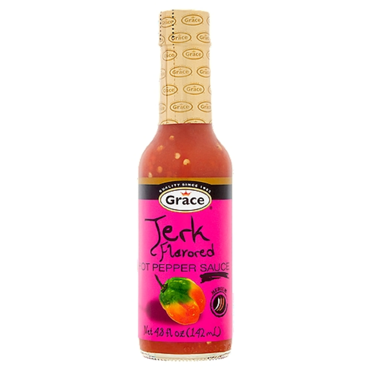 Front view of Grace Jerk Hot Pepper Sauce bottle showcasing red sauce, pepper graphic, and 4.8 fl oz size on white background