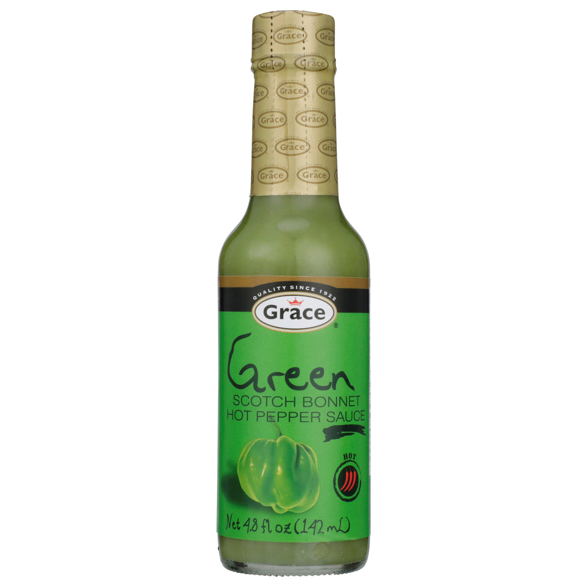Front view of Grace Green Scotch Bonnet Pepper Sauce bottle showcasing its green label and 4.8 oz 142 mL size