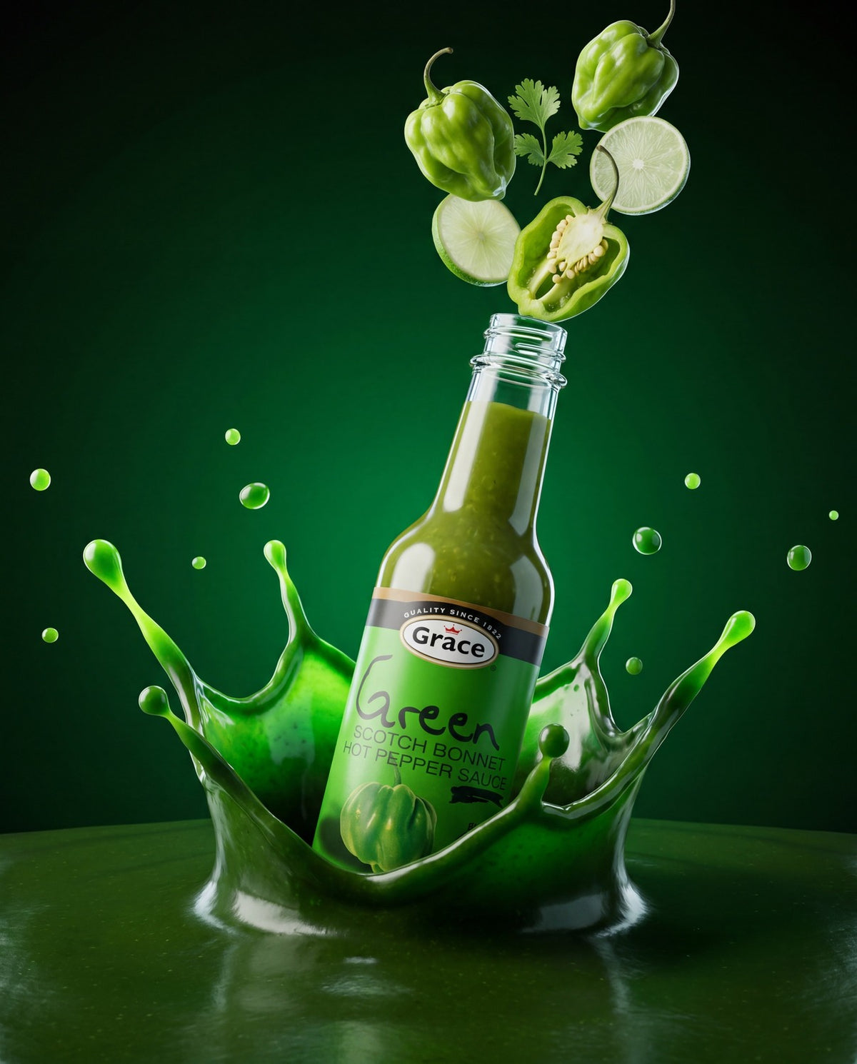 Angled view of Grace Green Scotch Bonnet Pepper Sauce showcasing its green bottle and label with splashing green sauce background