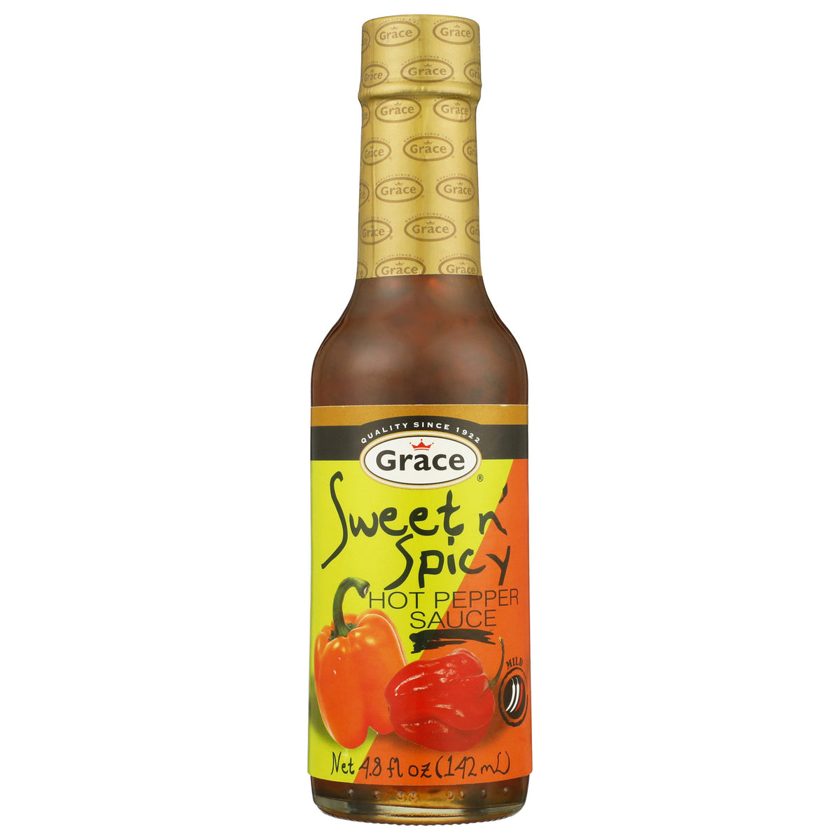 Front view of Grace Sweet n’ Spicy Hot Pepper Sauce 4.8 fl oz bottle with sweet and hot peppers on a white background
