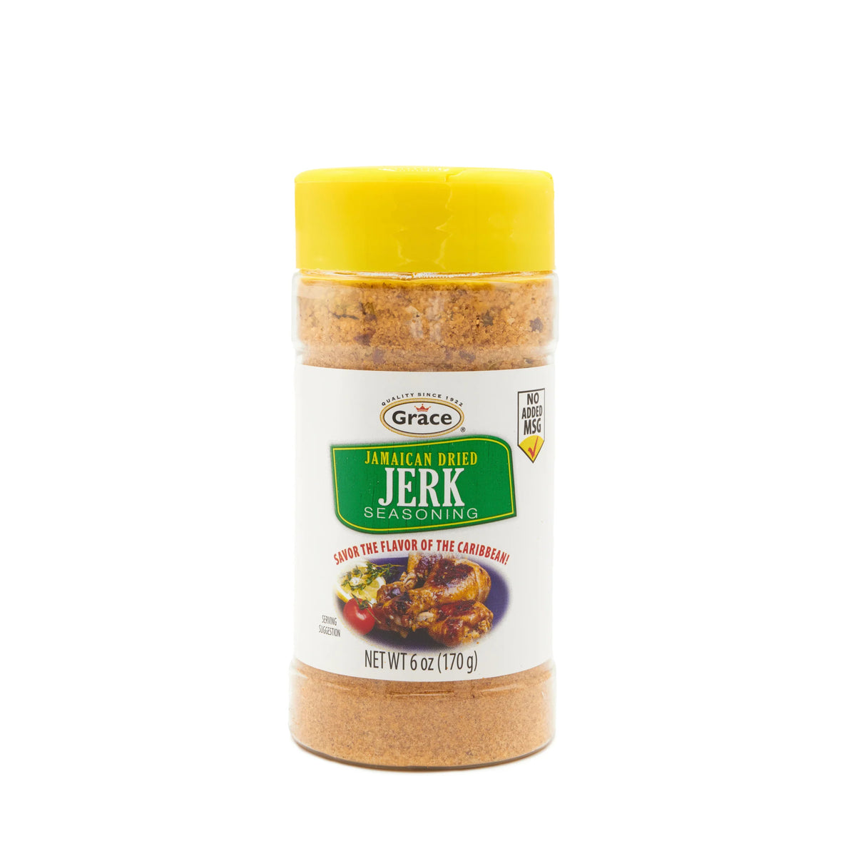 Front view of Grace Jamaican Dried Jerk Seasoning bottle with yellow cap and 170 gram size on white background