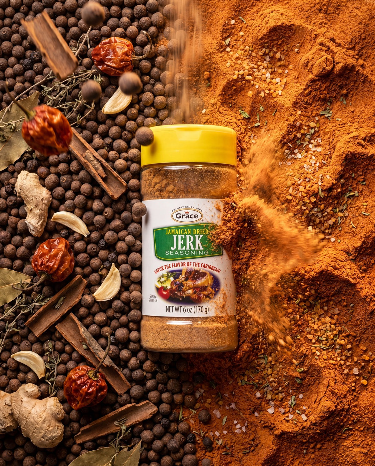Front view of Grace Jamaican Dried Jerk Seasoning showcasing the 170 gram jar with whole spices and ground seasoning
