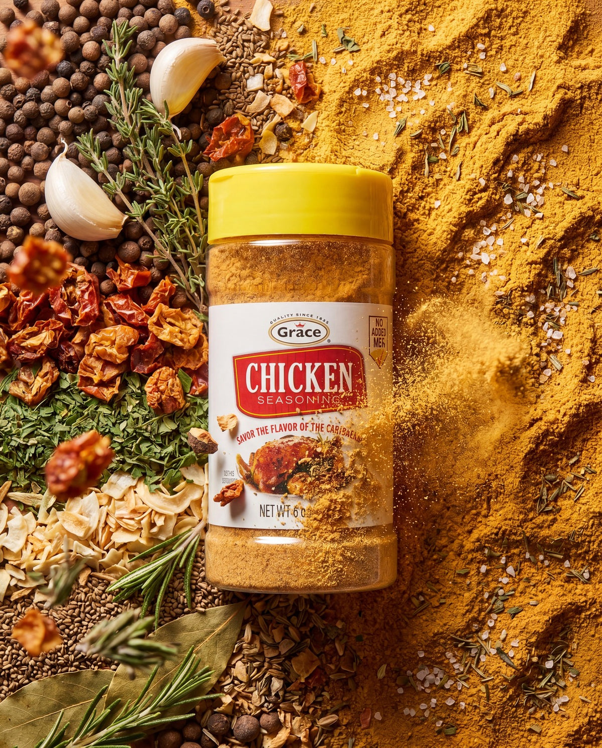 Front view of Grace Chicken Seasoning bottle showcasing the yellow cap and spice blend with assorted herbs and spices