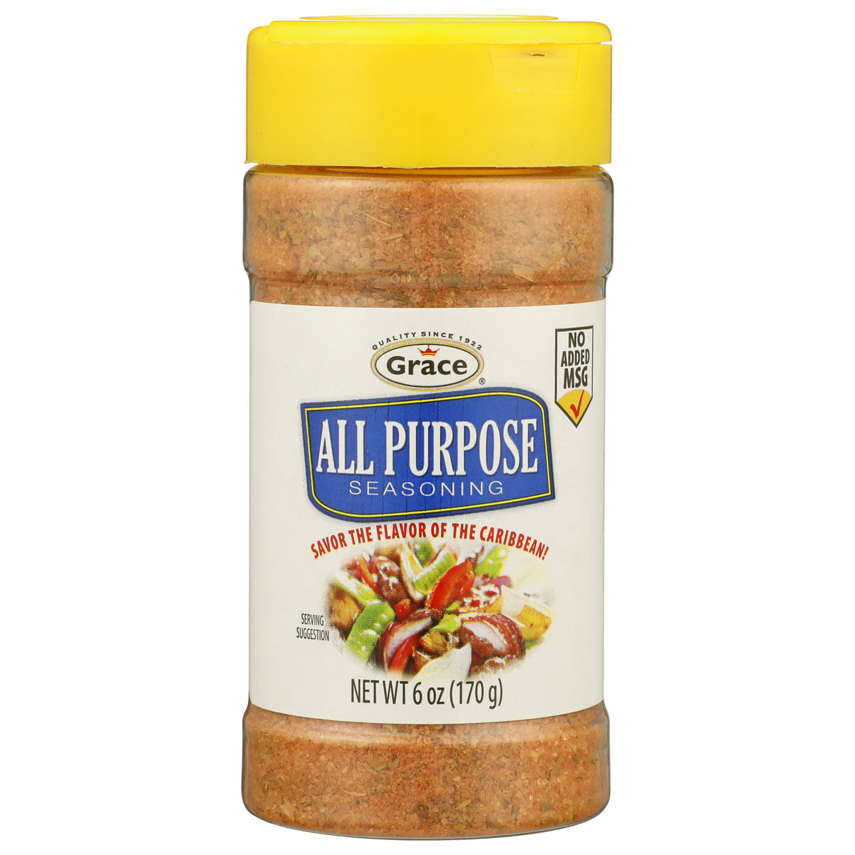Front view of Grace All Purpose Seasoning showcasing a yellow cap and no added MSG label on a white background