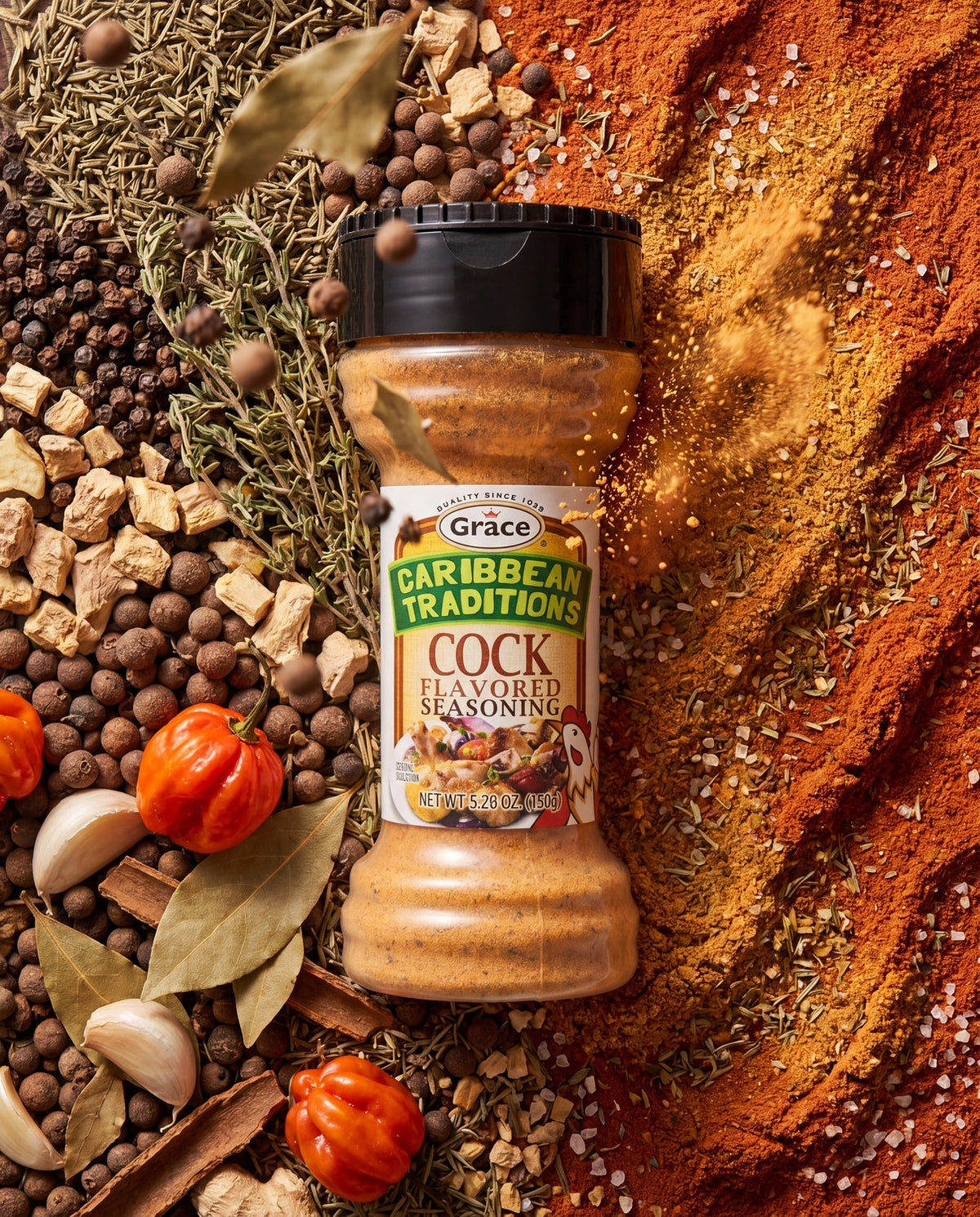 Front view of Grace Caribbean Traditions Hen Flavor Seasoning bottle with a spice blend, peppers, garlic and bay leaves