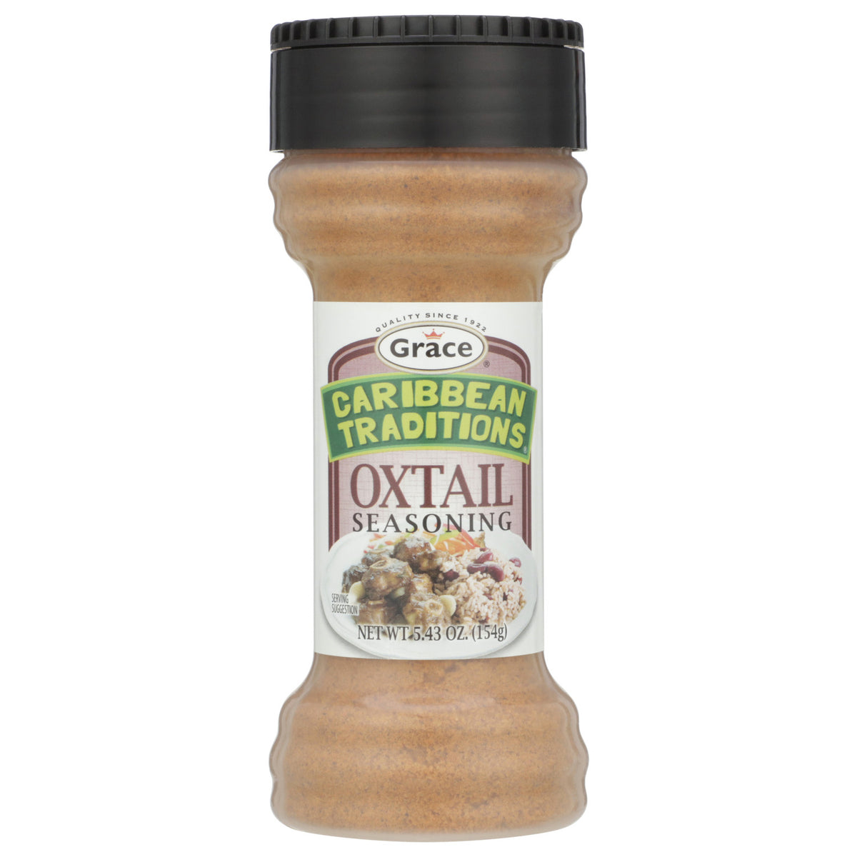 Front view of Grace Caribbean Traditions Oxtail Seasoning bottle showcasing the seasoning and serving suggestion on a white background
