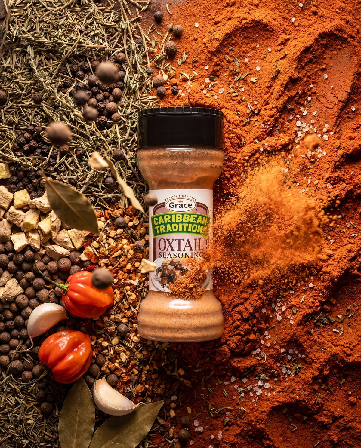 Front view of Grace Caribbean Traditions Oxtail Seasoning showcasing its spice blend with assorted spices and peppers