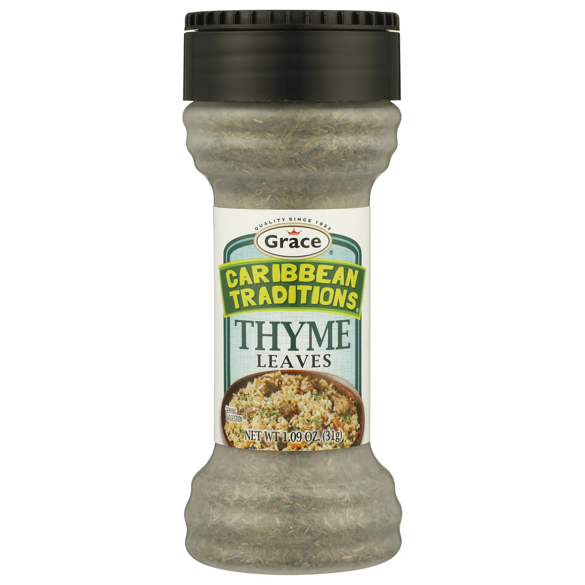 Front view of Grace Caribbean Traditions Thyme Leaves bottle showing dried thyme leaves and 1.09 ounce size on white background