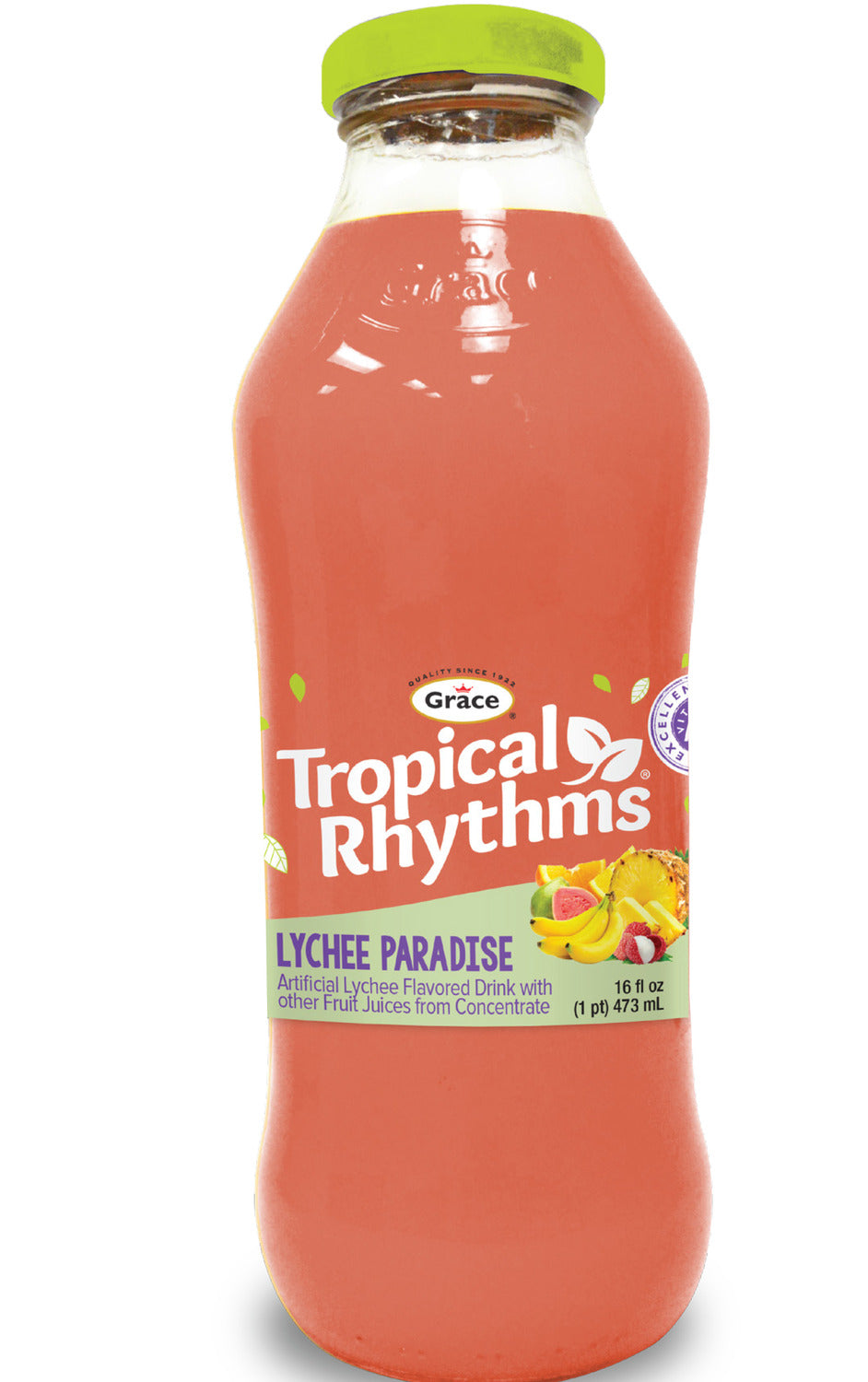 Front view of Grace Tropical Rhythms Lychee Paradise Drink showcasing its 16 fluid ounce bottle and fruit label on a white background